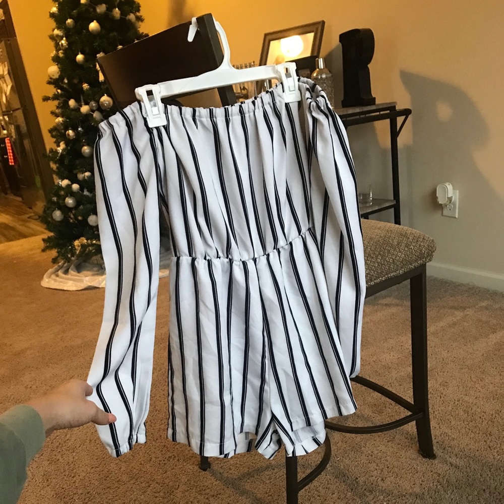 White Long Sleeve Romper with Black Stripes
